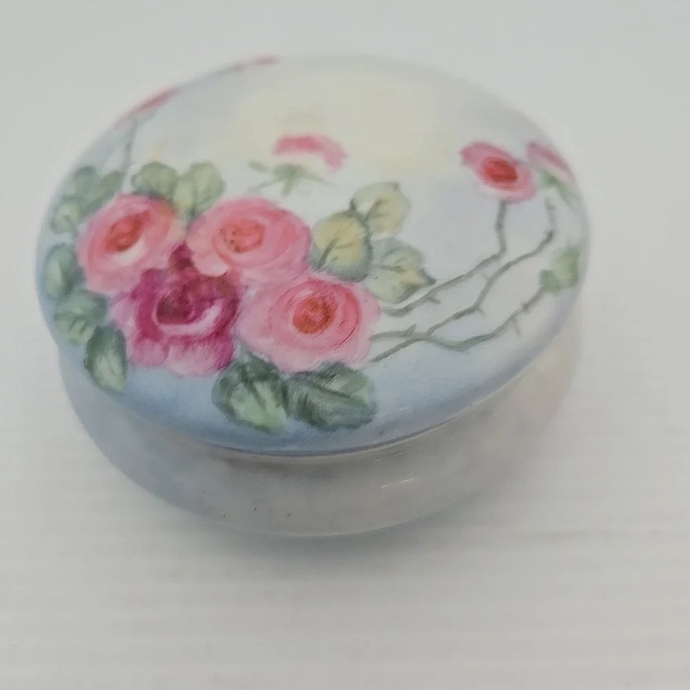 Vintage Austria Floral Flowers Powder Jar Trinket Dish with Lid